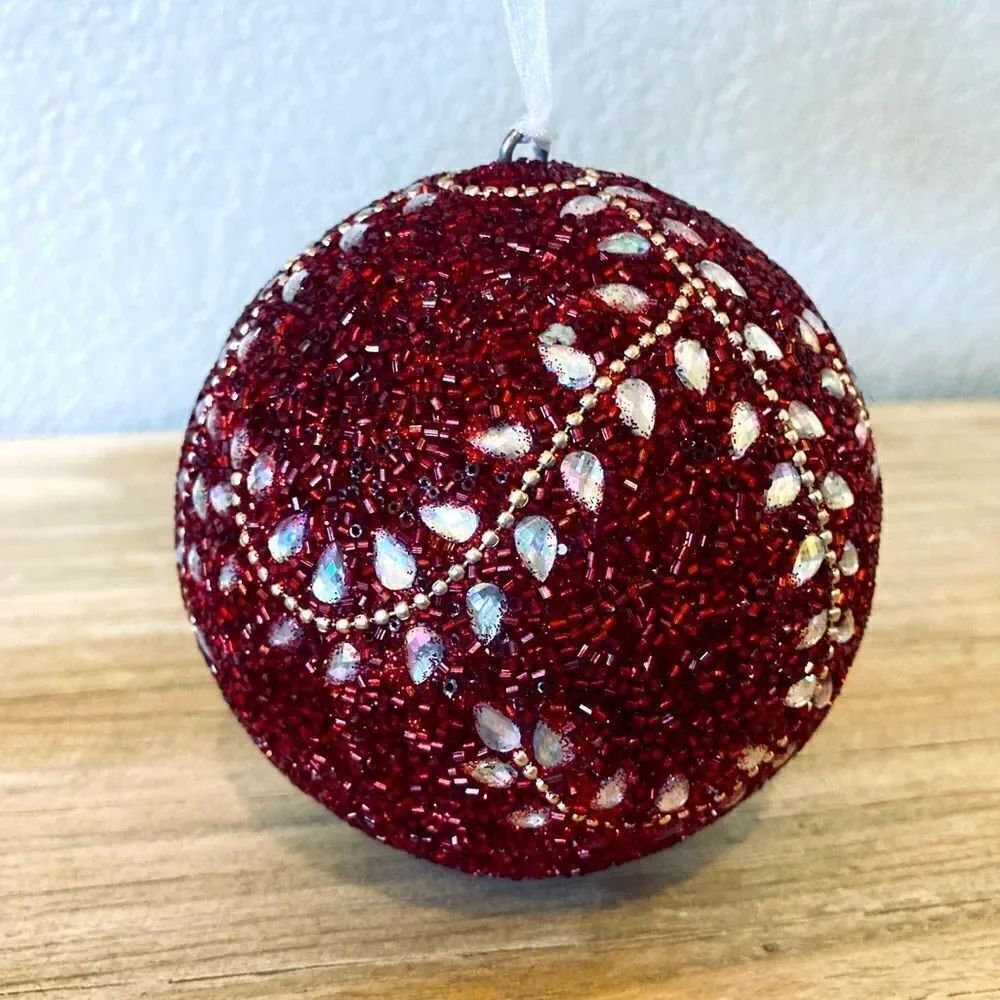 NWT Red Beaded Jeweled Christmas Holiday Ball Ornament